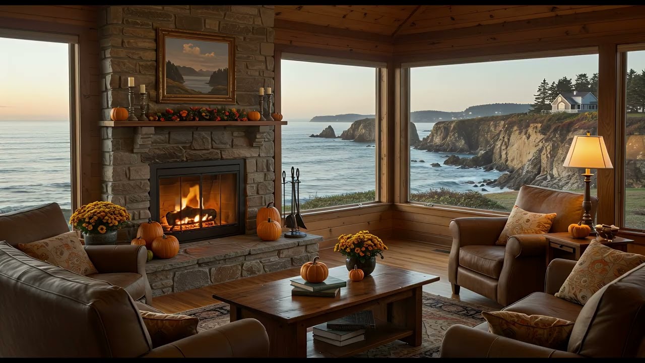 Cozy Autumn Oceanfront Cabin 🍁| Stone Fireplace and Views of the Cliffs for Relaxation and Sleep