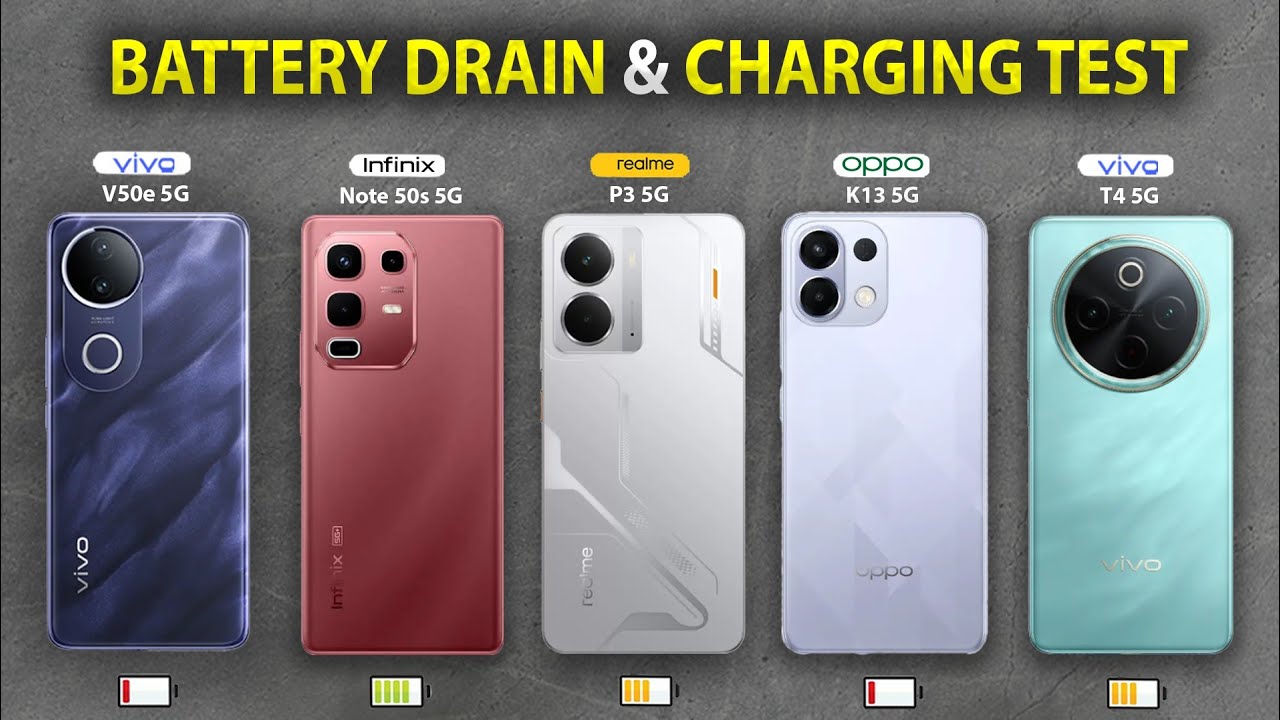 infinix Note 50s vs Realme P3 vs OPPO K13 vs Vivo T4 vs Vivo V50e Battery Drain and Charging Test