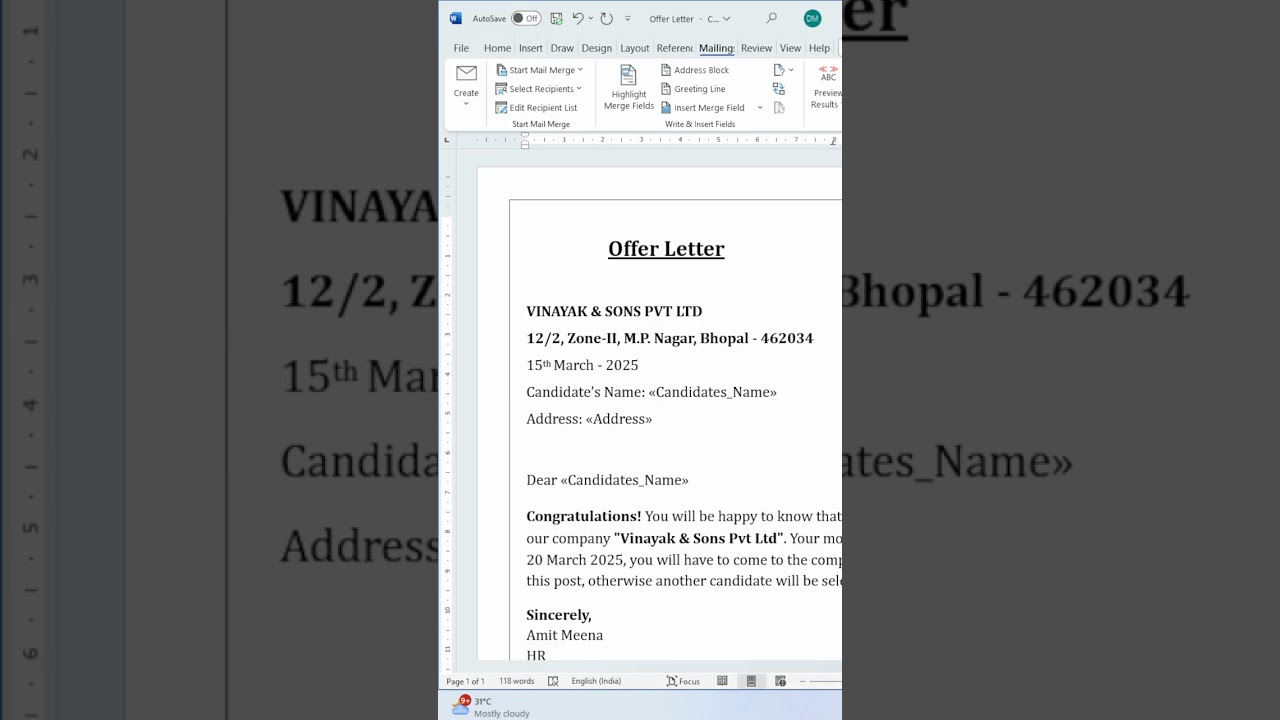 Mail Merge in MS Word | Mail Merge | #msword #wordtricks #ytshorts #ytviral #mailmerge #yt_shorts