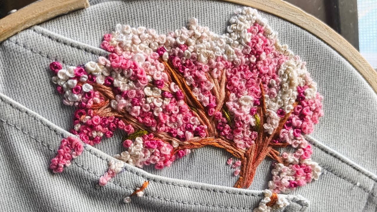 Beautiful Blossom tree embroidery design||How to embroidery on jeans pocket 