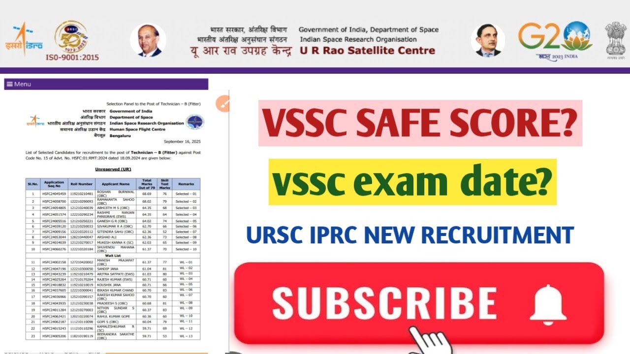 ISRO VSSC EXAM DATE SAFE SCORE ||URSC IPrc new recruitment Indian Space Research Organisation 