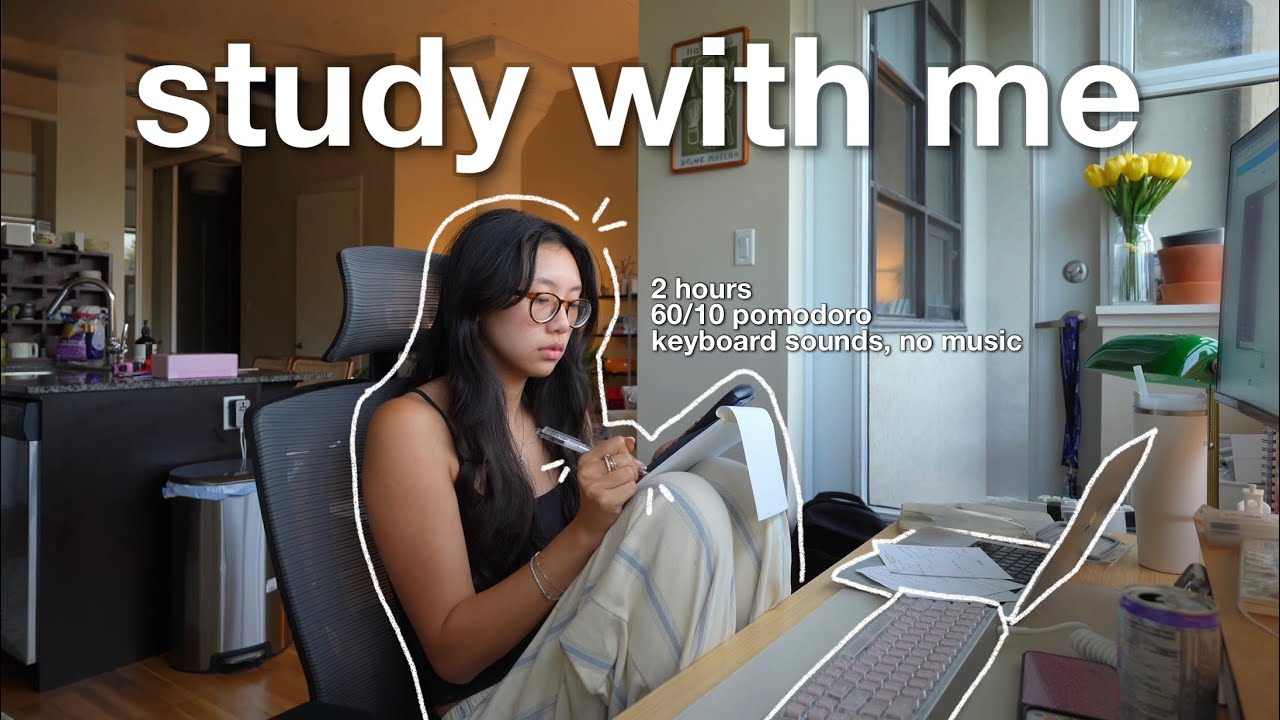 2 HOUR STUDY WITH ME | 60/10 pomodoro, no music, background noise & keyboard ASMR