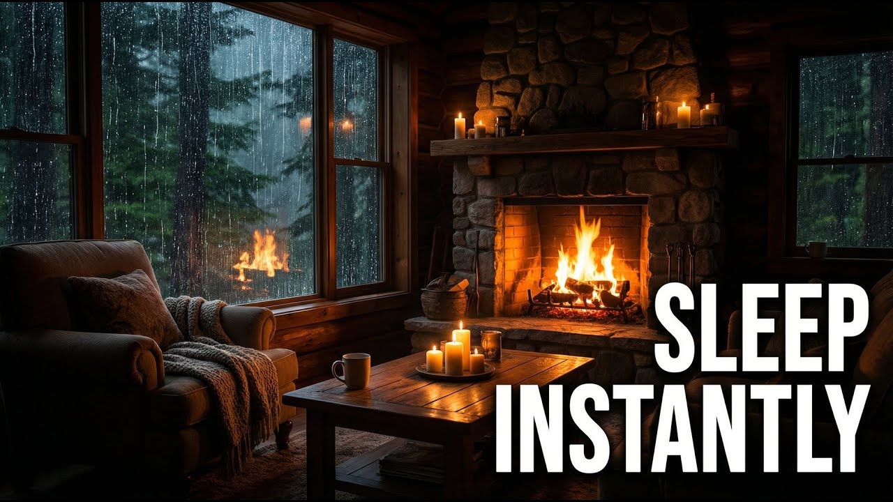 Sleep Instantly in a Cozy Rainy Cabin with Fireplace Sounds (No Music)