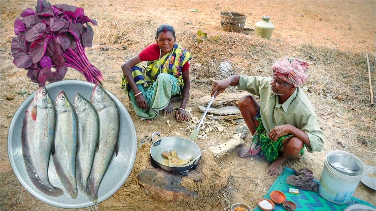FOLUI FISH CURRY and LAL SHAK VAJI cooking for lunch by santali tribe old couple