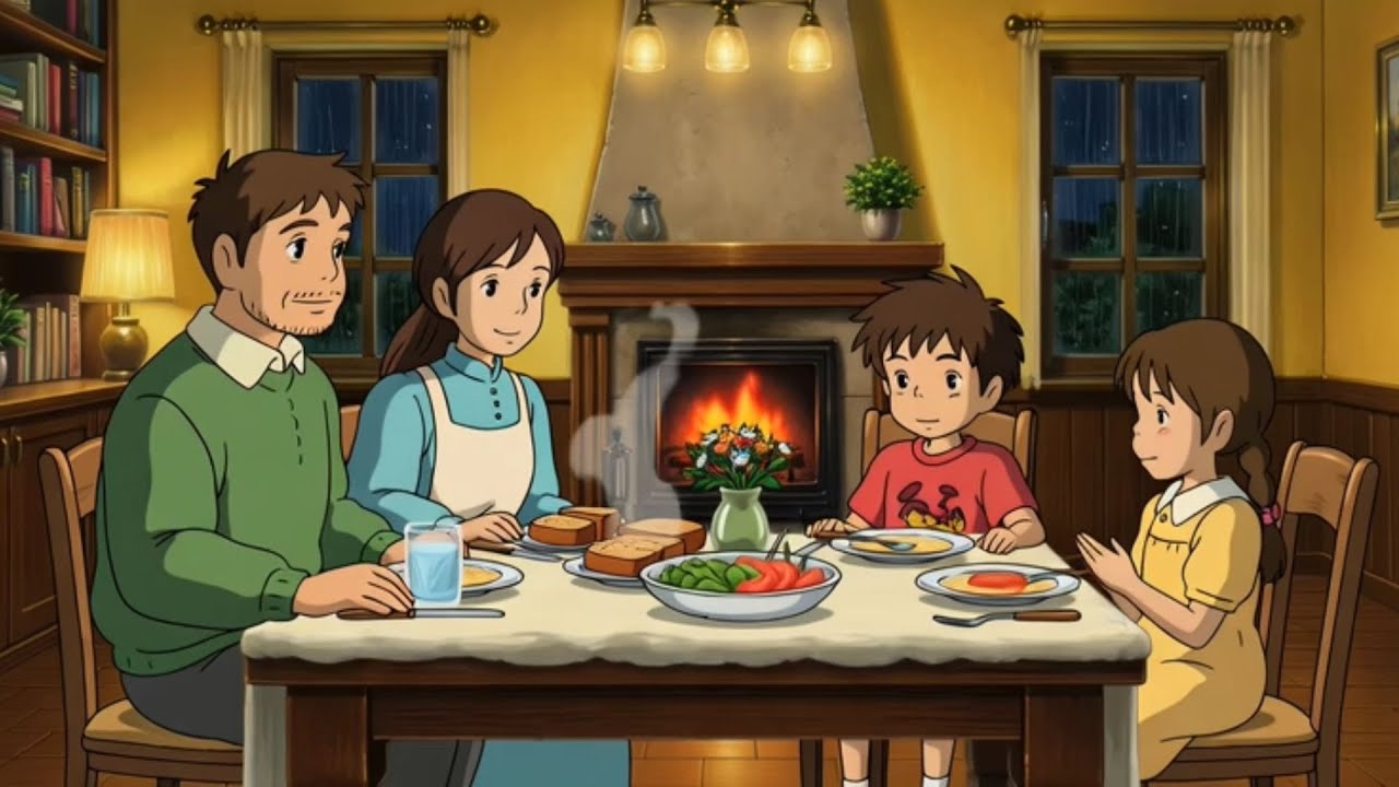Cooking and Eating Dinner in the Rain | Ghibli Style Video | Calm Piano & Nature Sounds for Sleep