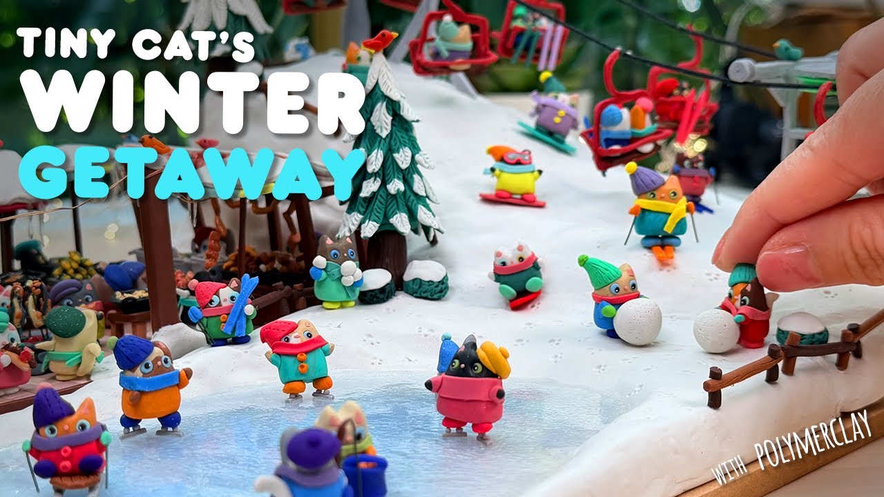 Making⛸️Winter Park❄️Tiny Cat Village🏡with Polymer Clay!