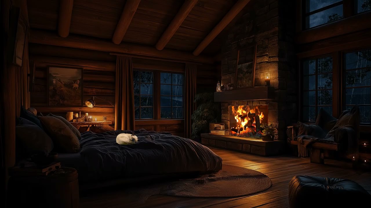 Cozy Mountain Night 🌧️ | Rain Sounds & Fireplace Warmth