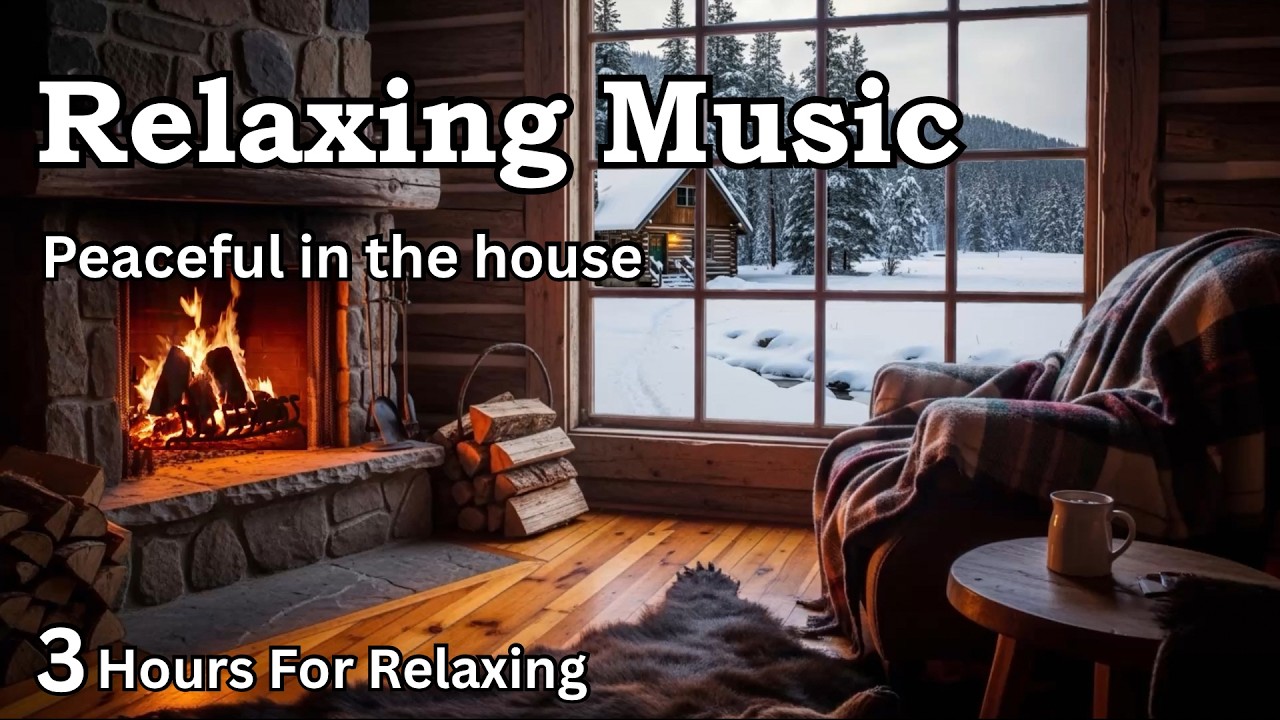 3 hours Relaxing music soft piano peaceful  with warm fire in the house