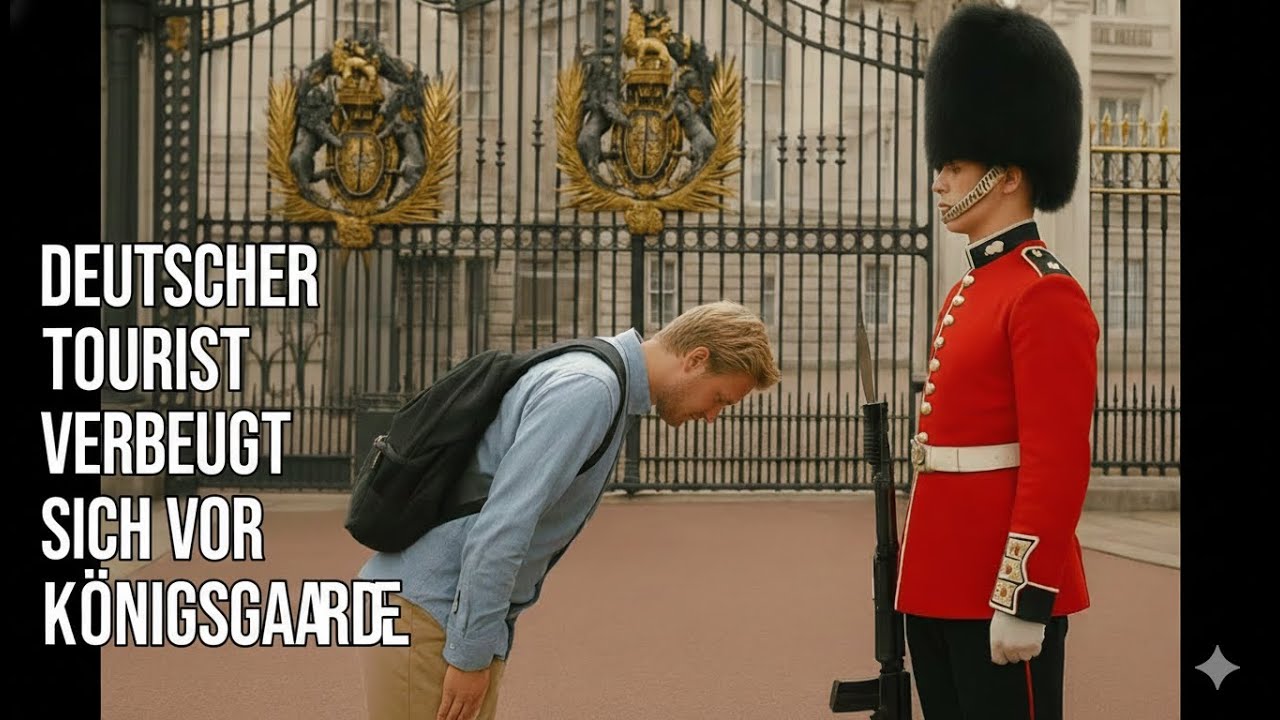 Deutscher Tourist verbeugt sich vor der Königlichen Garde am Buckingham Palace