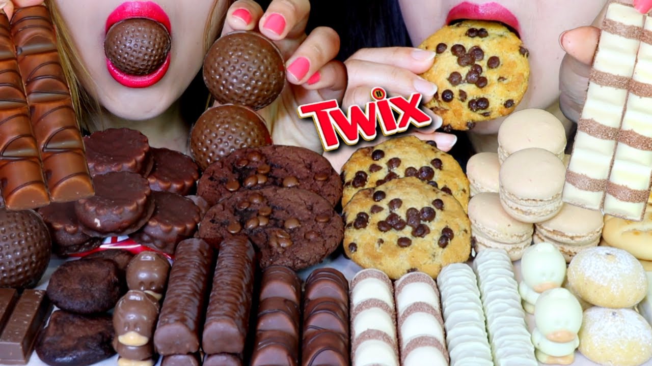 ASMR MILK + WHITE CHOCOLATE (TWIX, MARSHMALLOW CAKE, KINDER BUENO, MACARONS, KITKAT, MILKA COOKIES먹방