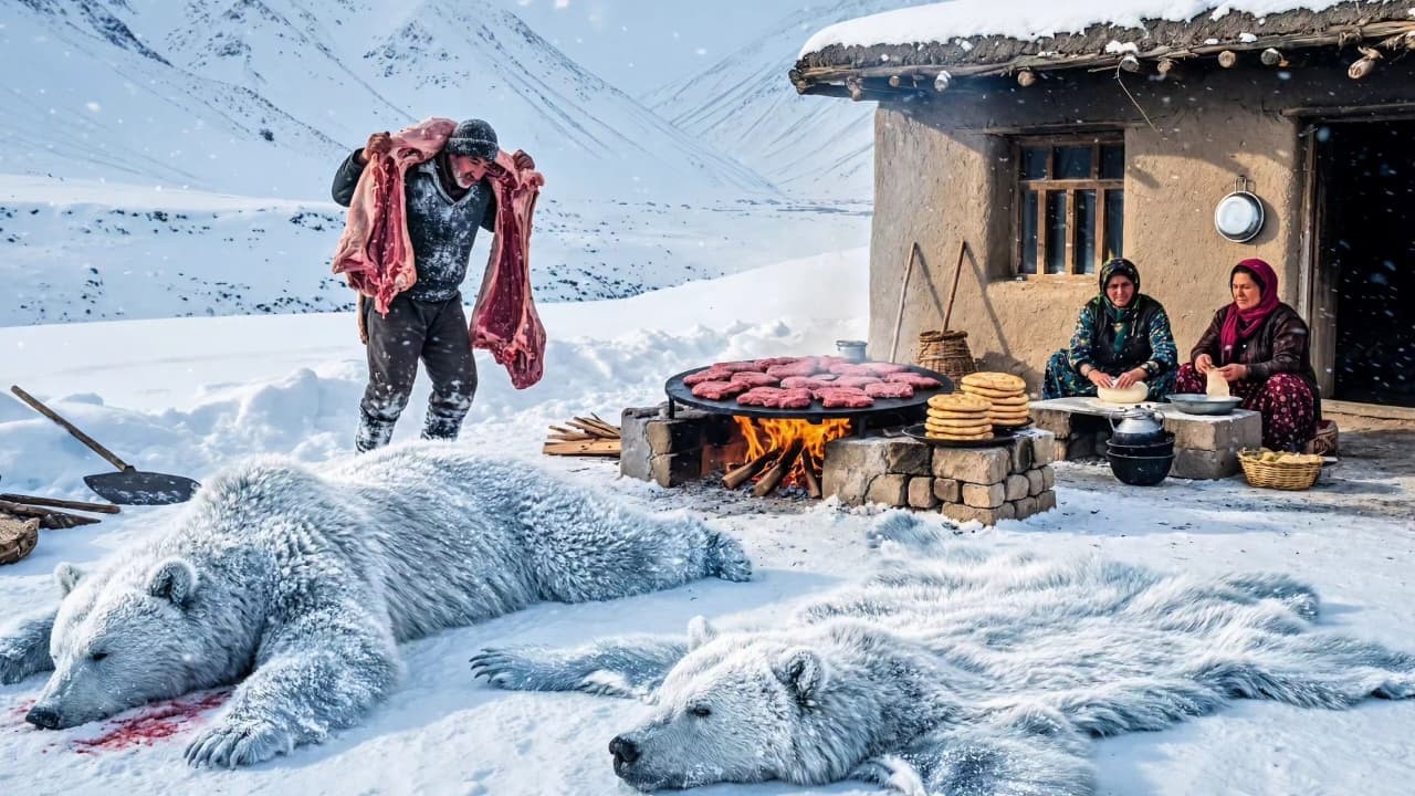 Afghanistan Winter Survival Hunt 🔥 Bear Meat Cooking on Fire | Fresh Bread in Extreme Cold