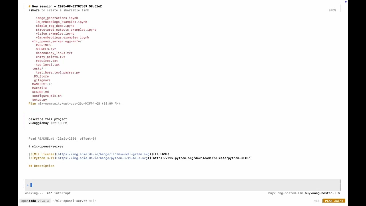 mlx-openai-server powers Opencode with GPT-OSS-20B (MXFP4-Q8)
