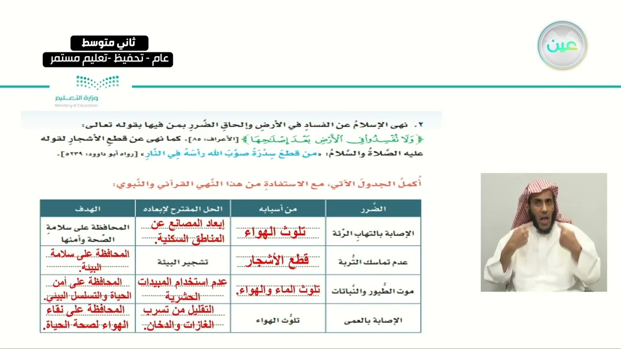 الفهم القرائي : تلوث البيئة 2 - لغتي الخالدة - ثاني متوسط