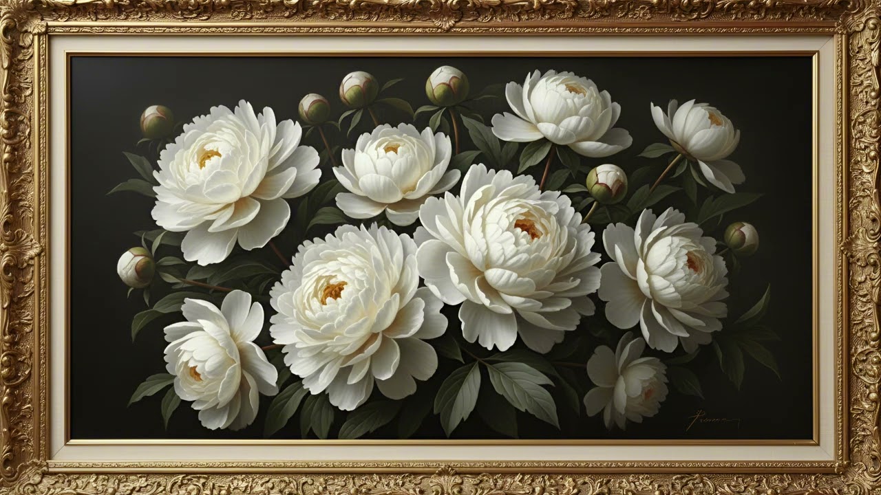 Elegant White Floral Oil Painting in Gold Frame | Vintage Botanical Wall Art | Relaxing Art Display
