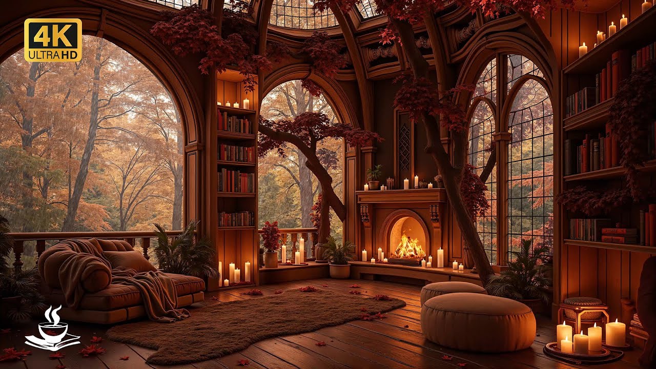A Cozy Library Beneath the Trees 🍂 Gentle Jazz Ambience and Candlelight Serenity in Autumn Woods