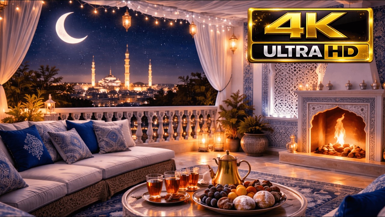 4K Ramadan Balcony Ambience 🌙🔥 | Moroccan Fireplace, Tea & Crescent Moon (4H) أجواء رمضان 2026