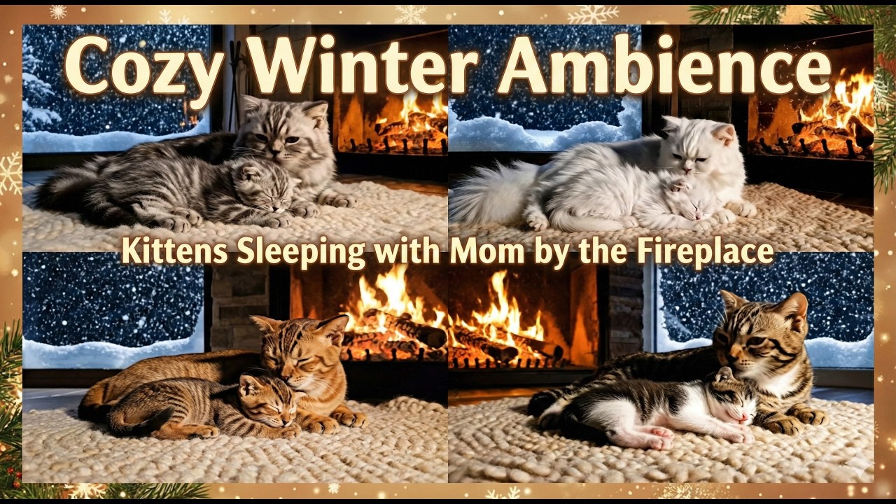 Cozy Winter Ambience: Kittens Sleeping with Mom by the Fireplace ❄️🔥  Crackling fire sound for Sleep