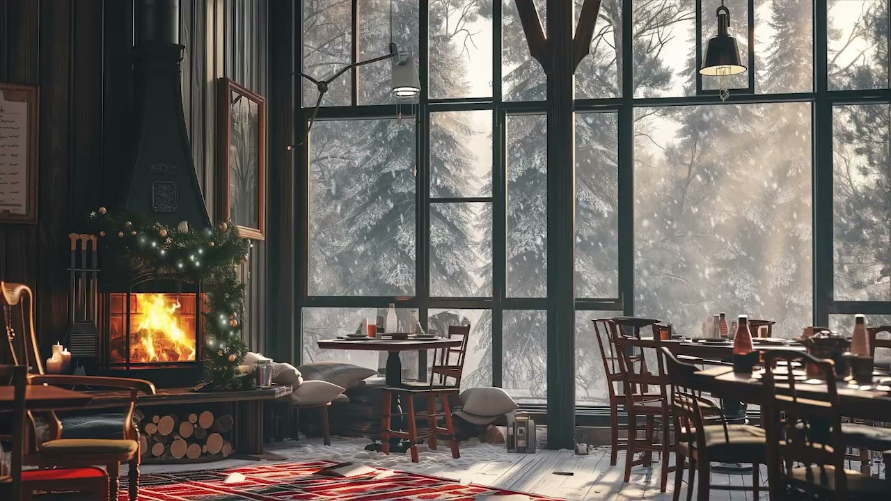 Cozy Winter Café Ambience ☕❄️ Chill Music, Fireplace & Snowfall