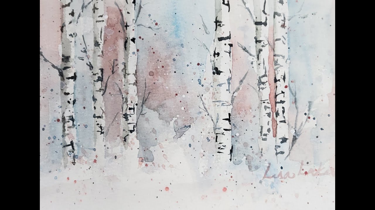 Watercolor birch trees winter scene