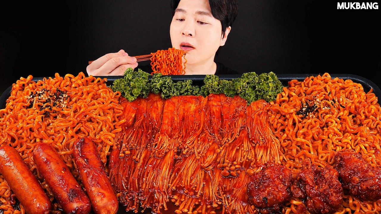 ASMR MUKBANG | острая лапша Buldak, острые эноки, жареная курица, колбаса острая еда ЗВУК ЕДЫ