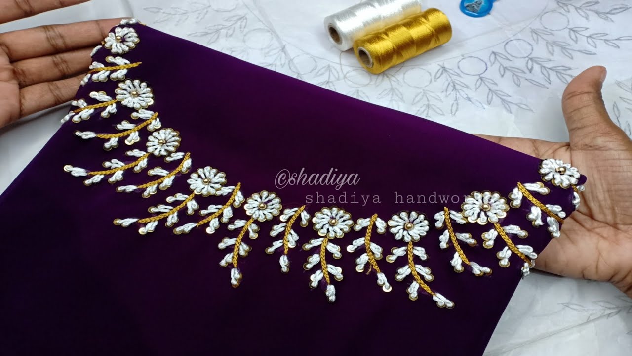 Hand embroidery neck design with silk thread long french knot|hand embroidery neckline tutorial