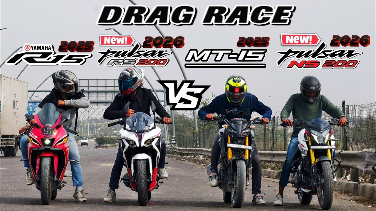 2026 PULSAR RS200 VS NS200 VS R15V4 VS MT15 🔥||DRAG RACE 💥||RACE TILL THEIR POTENTIAL 🥵||QUAD BATTLE