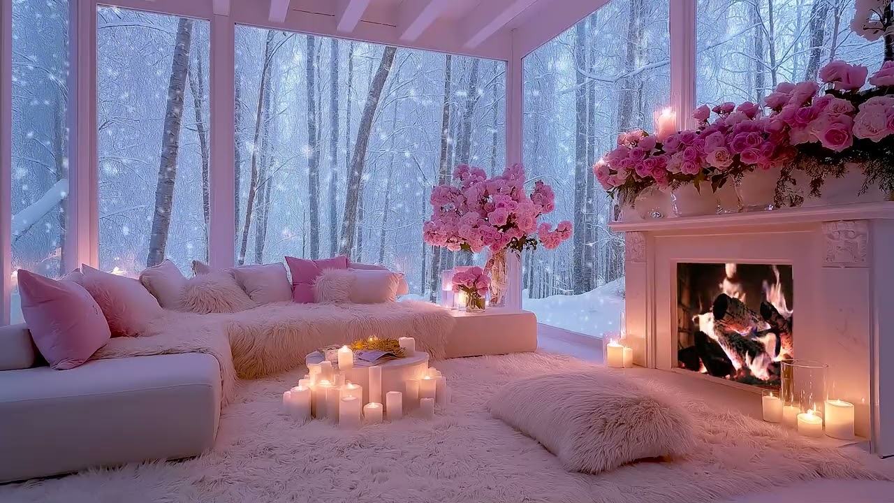 Perfect Night Sleep ❄️ Snow Wind & Warm Fireplace Sounds for Stress Relief & Romantic Pink Calm