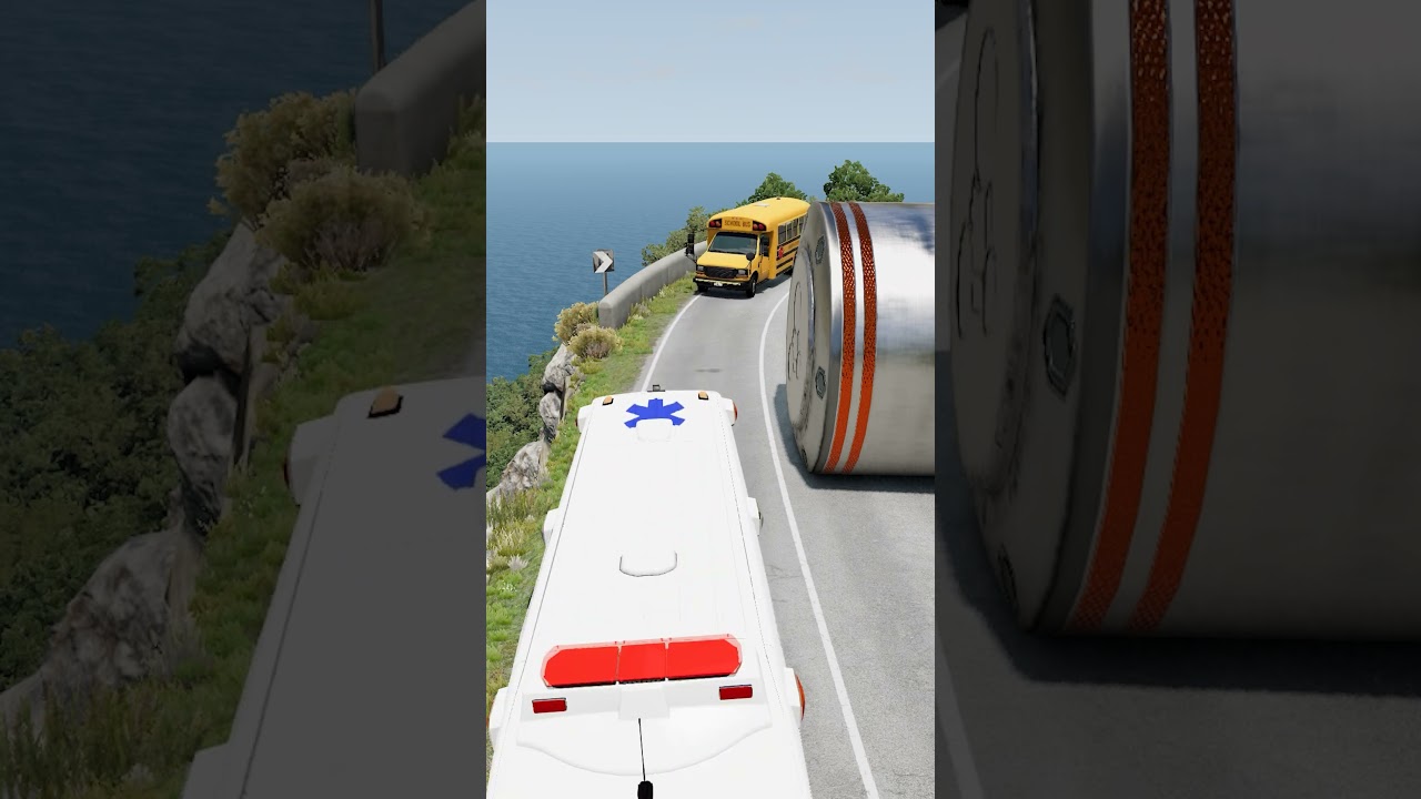 Cars & Ambulance Van vs Giant Pit Bollards Crash - BeamNG.drive