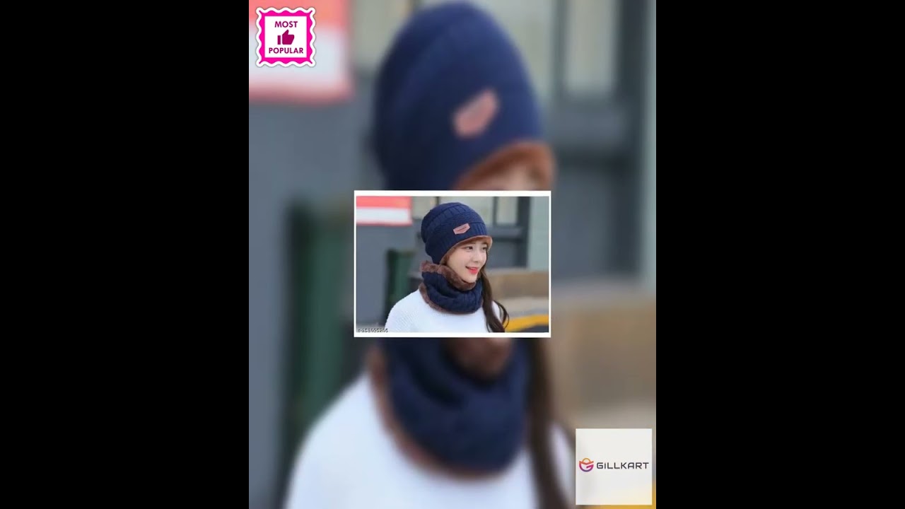 Warm Women Blue Wool Cap With Face Cover Balaclava Cap