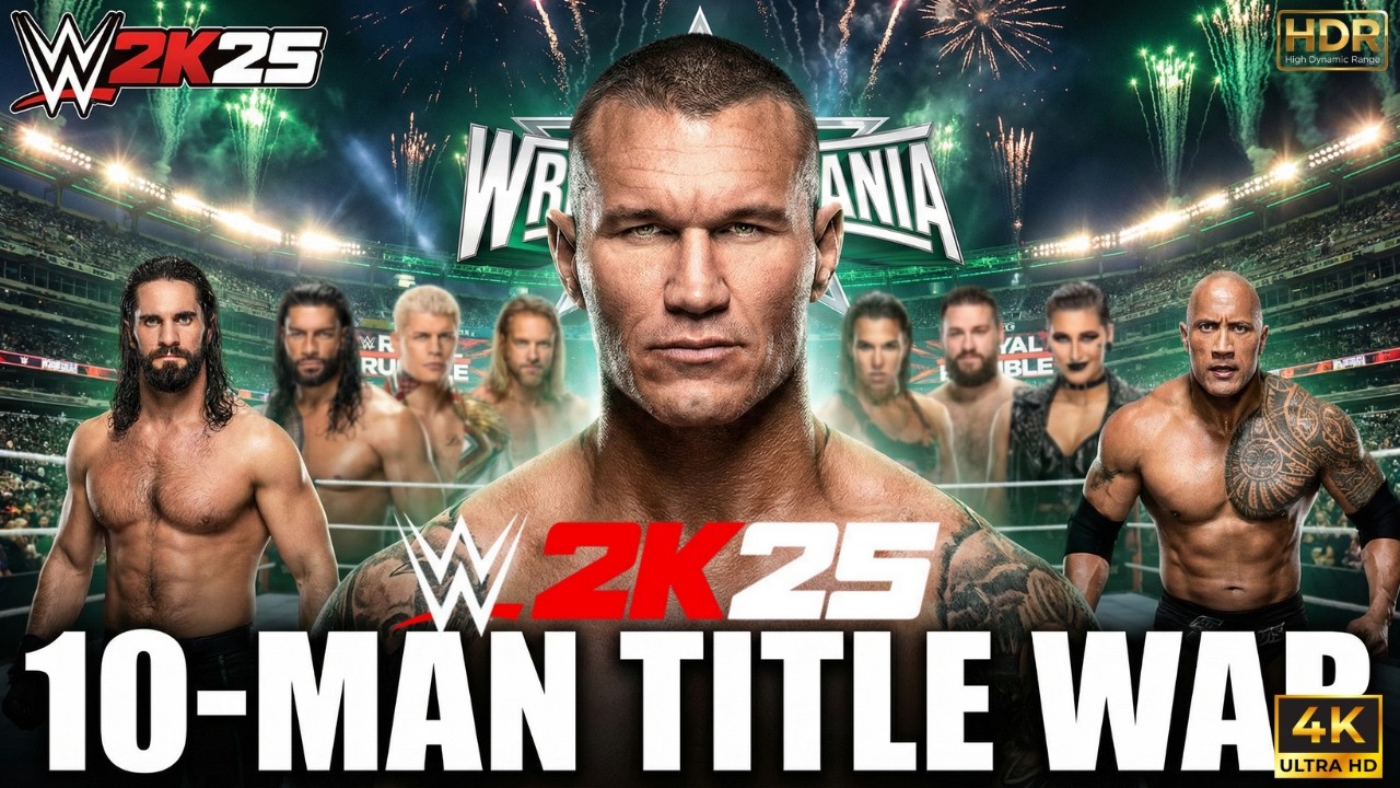 Randy Orton vs Seth Rollins vs The Rock – 10-Man US Title Royal Rumble | WWE 2K25