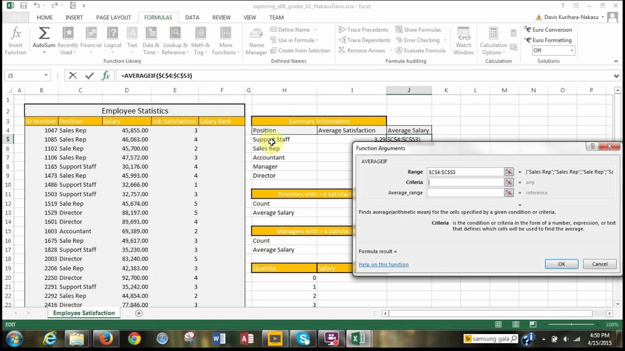 BUS 311 Project #8 STATISTICAL FUNCTIONS [Part I]