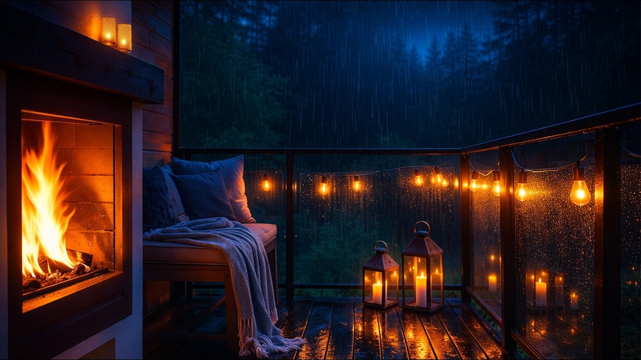 NIGHT RAIN SOUNDS WITH RUMBLING THUNDER & WARM FIREPLACE | CALM ATMOSPHERE RELAXATION & DEEP SLEEP