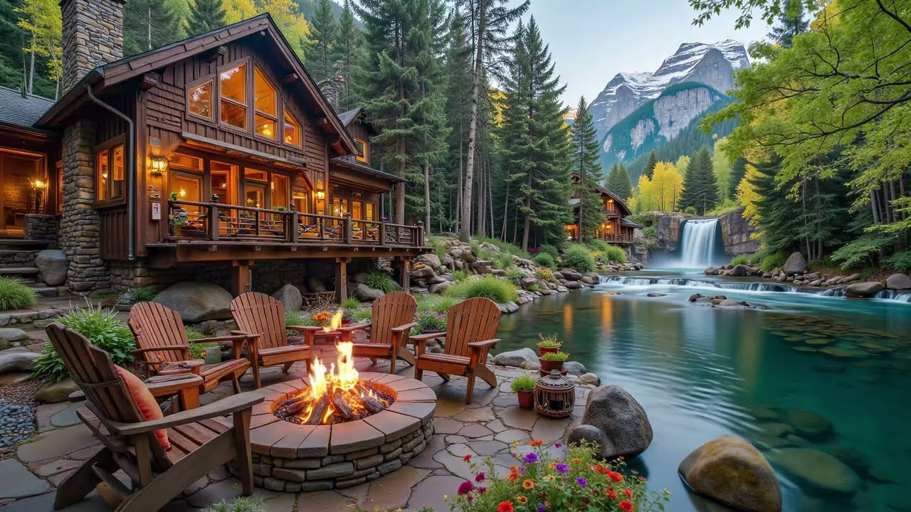 Campfire by the River Cabin 🌿 Relaxing Piano Music & Birds Sounds for Sleep, Study & Meditation