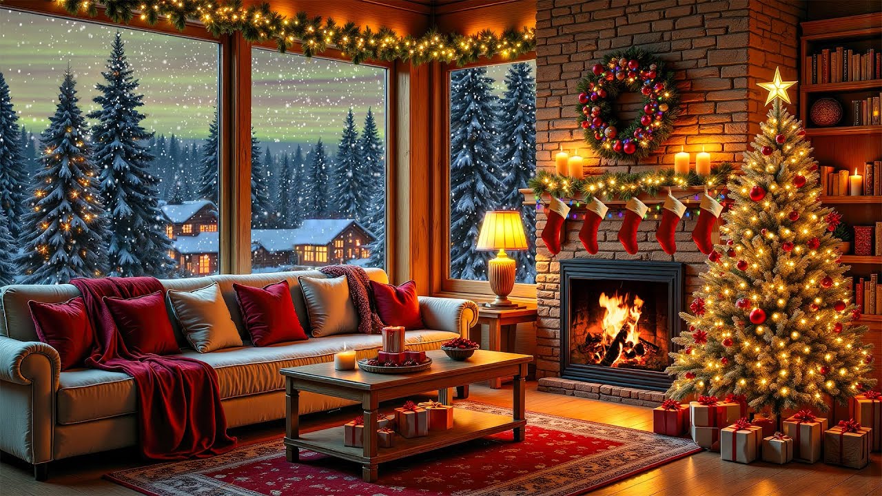 Relaxing Music on a Snowy Day with Fireplace Sounds 🔥 Cozy Christmas Ambience 🎄 Christmas Carols