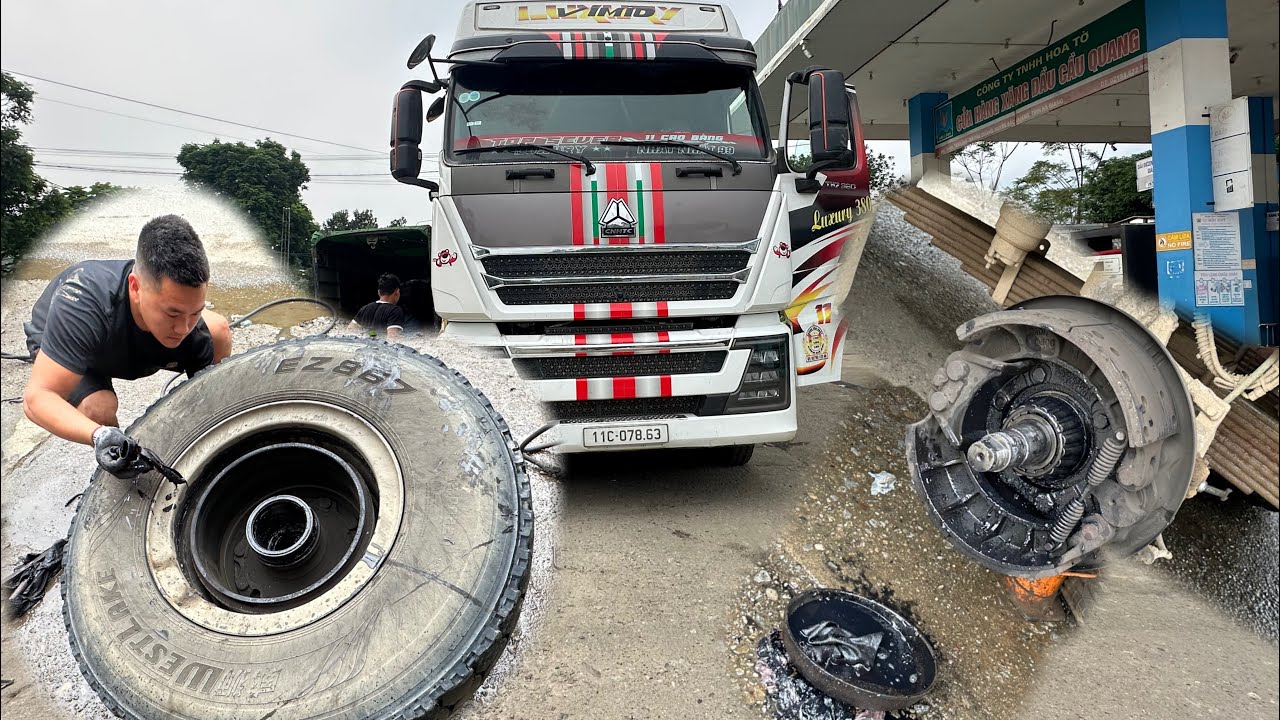 Rescue to replace broken ball bearing about to fall tire on the road truck carrying 100 tons