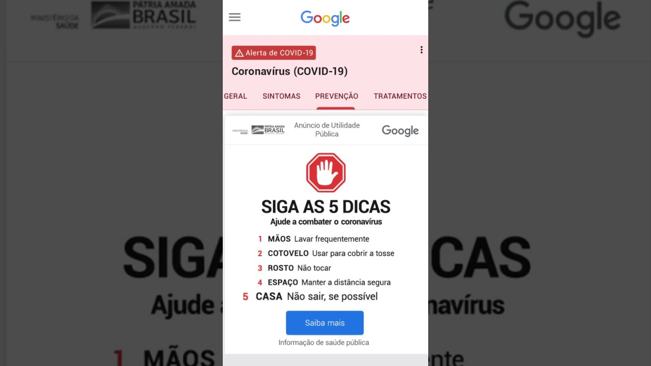 Google - Encontre dicas rápidas e fáceis para proteger-se do coronavírus