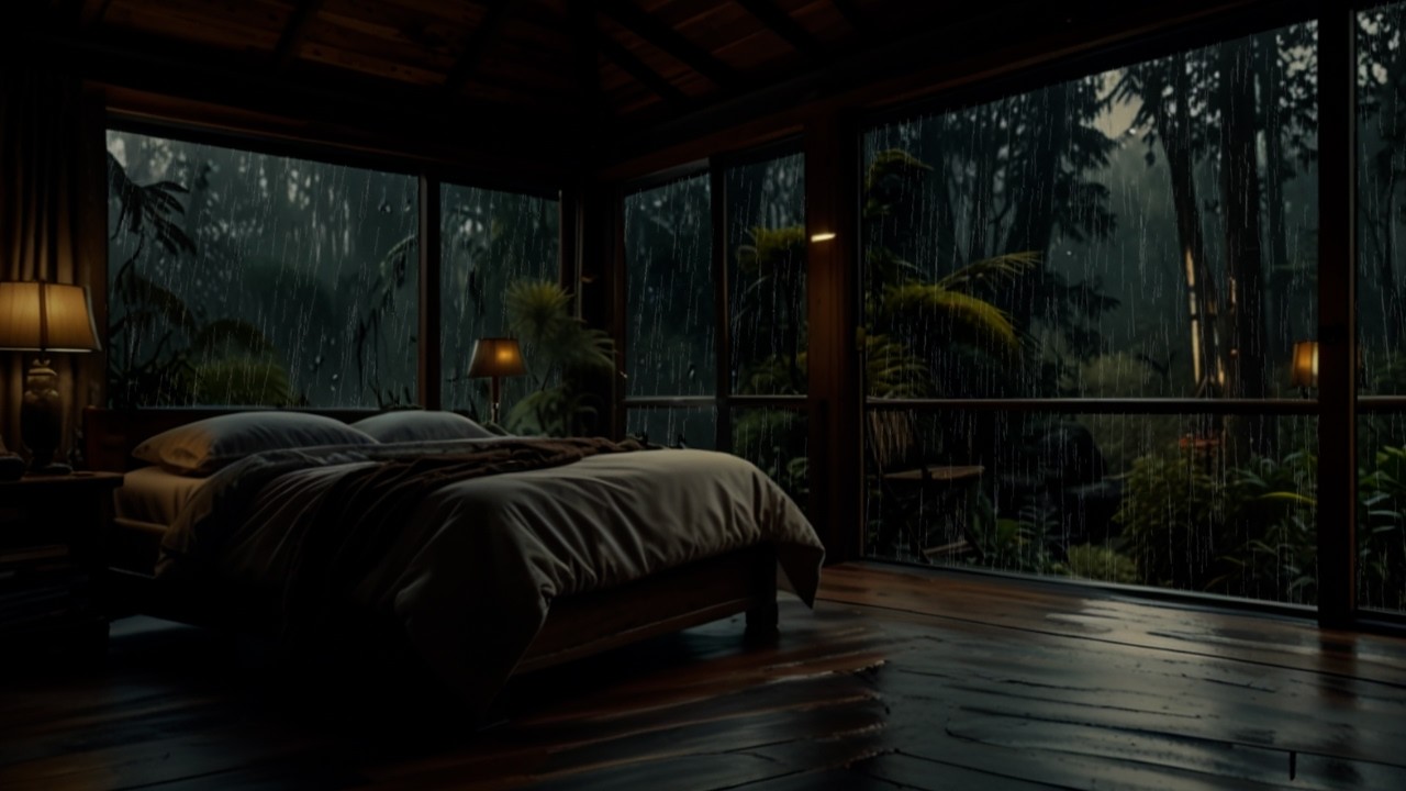 12 Hours of Rain Sounds for Sleep Cozy Cabin Window Rain 🌧️ Dark Bedroom for Deep Sleep