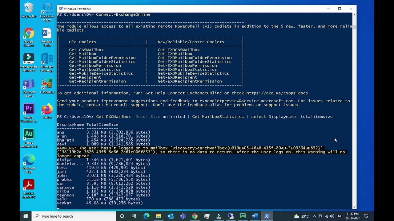 how to check your user mailbox size in PowerShell and exchange admin center