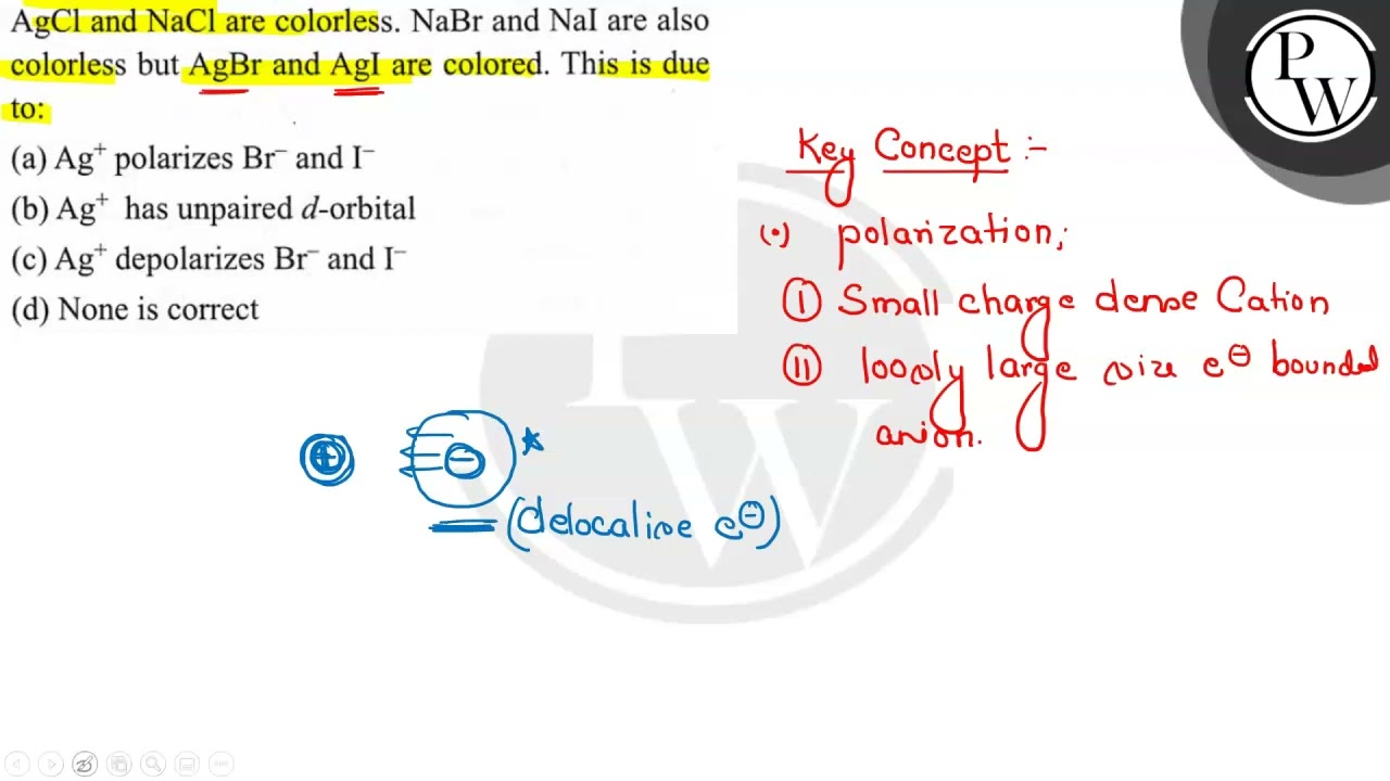 AgCl and NaCl are colorless. NaBr and NaI are also colorless but AgBr and AgI are colored. This i...