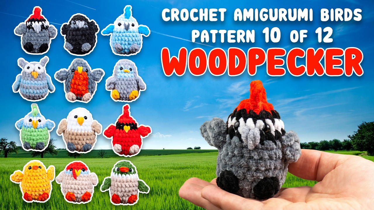 Woodpecker Mini Bird Crochet Pattern. No-Sew Free Crochet Pattern. Easy Amigurumi Animals
