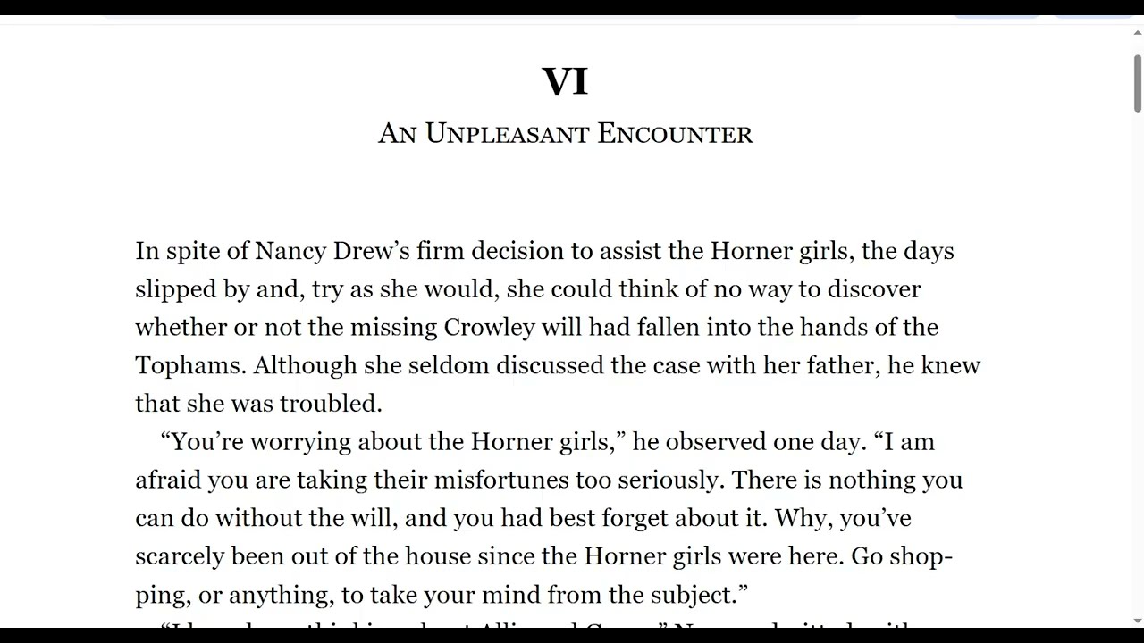 Read Aloud - Nancy Drew - The Secret of the Old Clock - VI: An Unpleasant Encounter