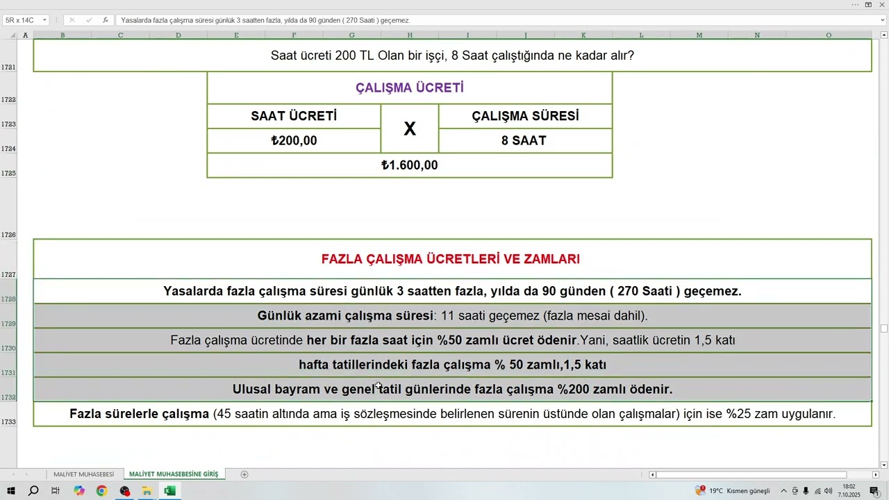 17) MALİYET MUHASEBESİ-İŞÇİLİK GİDERLERİ FAZLA MESAİ
