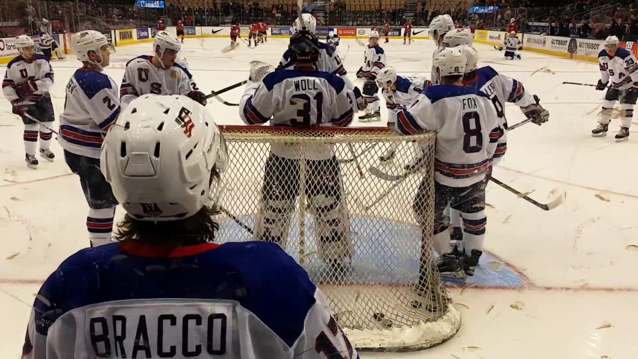 IIHF Team USA behind the net pre-game warm-up at the USA vs Switzerland hockey game