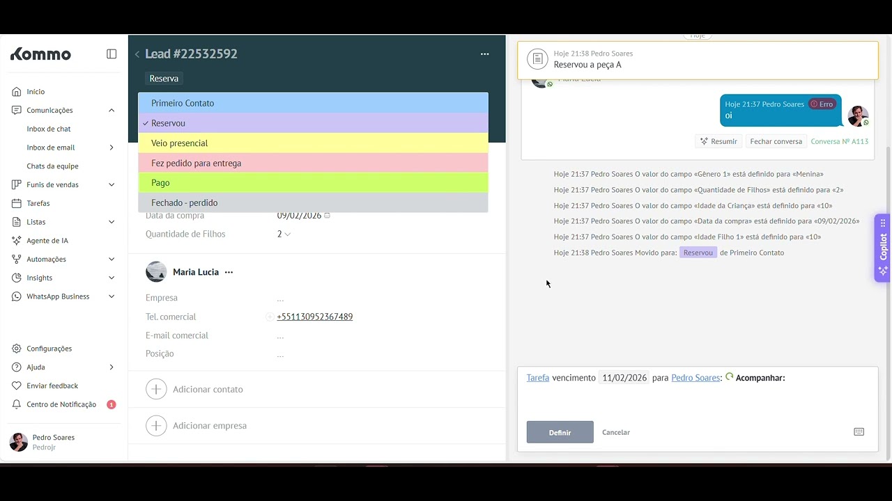 Criação de Notas e tarefas - Kommo CRM
