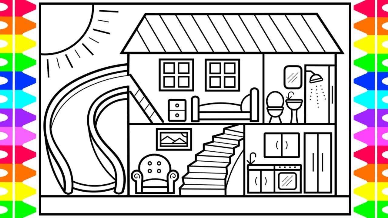 How to Draw a House with a Fun Slide for Kids 💚💜💙 House Drawing and Coloring Pages for Kids
