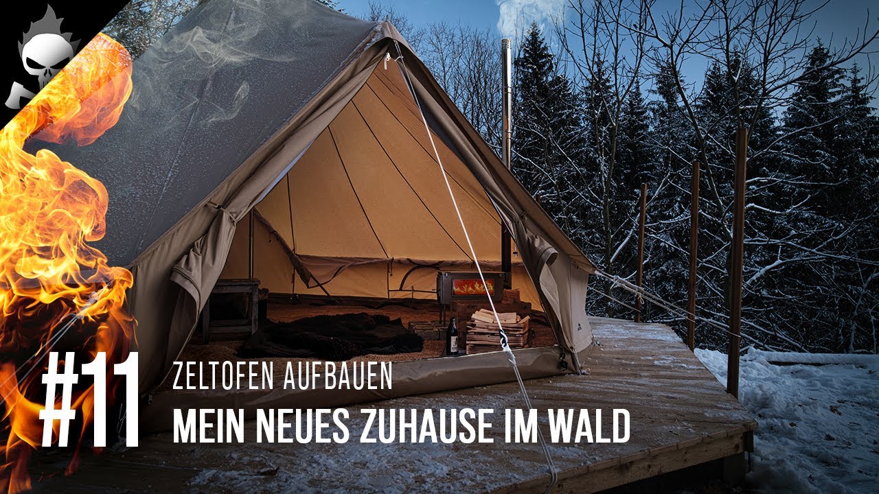 #11 ZELTOFEN 🔥 Löcher ins Zelt schneiden 😱 Mein neues ZUHAUSE im WALD [2022] [CC]