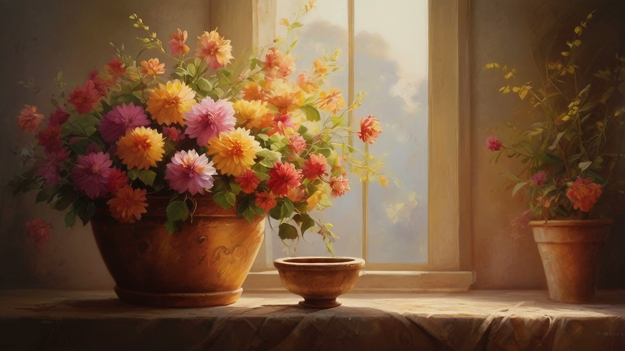 4K TV Frame Art: Golden Vase with Blooming Flowers – Elegant Home Décor