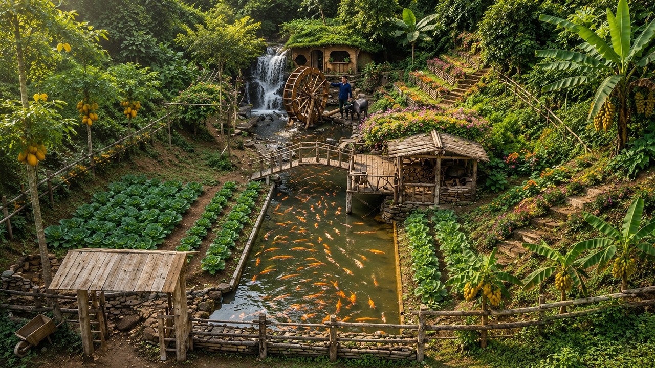 Time-lapse video: Building a Villa in The Forest. Wooden House, Power Plant, Gardens & Fish Pond