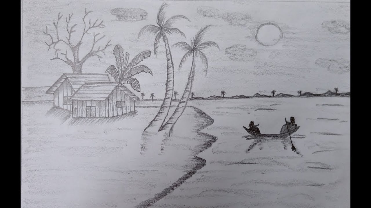 How To Draw A Village Scenery Easily Using Pencil Sketch| Step By Step