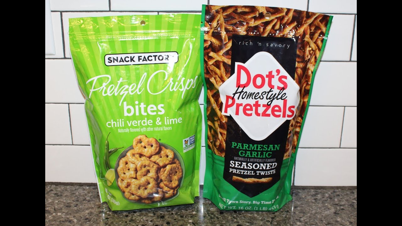 Snack Factory Pretzel Crisps Bites Chili Verde & Lime and Dot’s Homestyle Pretzels Parmesan Garlic